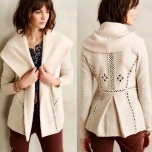 Anthropologie Sweaters - Anthropologie Soutache Trim Boiled Wool Jacket Cream Medium